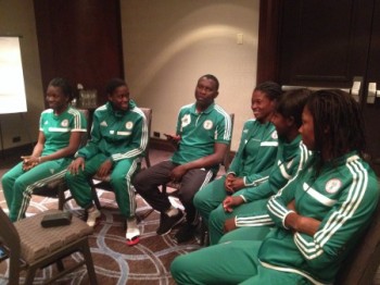 Falconets With Coach Dedevbo Talking to President Jonathan on the phone