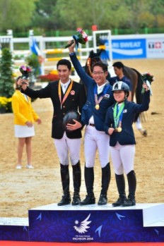  On the podium for individual Eventing at the Asian Games 2014 at Incheon in South Korea today: (L to R) China’s Alex Hua Tian (silver), Republic of Korea’s Sangwuk Song (gold) and Republic of Korea’s Sire Bang (bronze). (FEI/www.horsemovethailand.com)