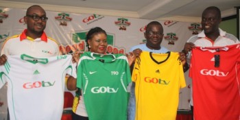 L-R . Marketing Manager GOtv, Mr. Dare Kafar, the General Manager, GOtv, Mrs Elizabeth Amkpa,  Board Member of Lagos Football Association Mr Mojeed Adegbidin and the General Manager, Supersports, Mr Felix Awogu while unveiling the Jersey  for the GOtv Hood to Hood Football Championship during the Press conference held in Lagos on Thursday