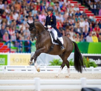 Dressage world number one Charlotte Dujardin (GBR) and Valegro claimed double gold at the Alltech FEI World Equestrian Games™ 2014 in Normandy (FRA). (FEI/Arnd Bronkhorst)