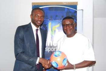 Samson Adamu (CEO Kinetic Sports); Felix Anyasi (Chairman, Enyimba FC) during the announcement of  Enyimba Football Club's participation in The FC Barcelona Club Challenge at Copa Lagos 2014