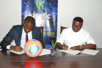 Samson Adamu (CEO Kinetic Sports); Felix Anyasi (Chairman, Enyimba FC) during the signing of  Enyimba FC's participation in The FC Barcelona Club Challenge at the 2014 Copa Lagos