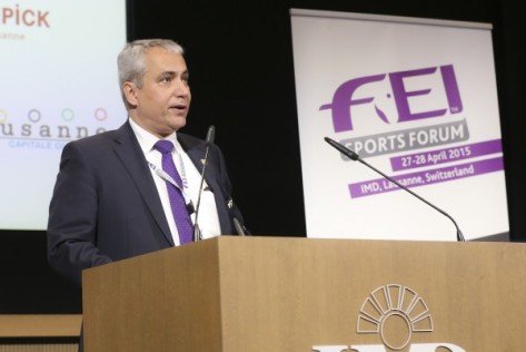 FEI President Ingmar De Vos, pictured at the FEI Sports Forum 2015 at the IMD in Lausanne (SUI). The FEI today voted unanimously to modify the FEI statutes to allow the FEI President to receive remuneration. (FEI/Germain Arias-Schreiber)