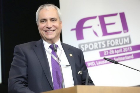 Ingmar De Vos, FEI President, closed the FEI Sports Forum 2015 today at the IMD in Lausanne (SUI) thanking all participants, including the International Olympic Committee, National Federations, FEI stakeholders, Organisers and athletes, and the FEI Technical Committees for all their work in preparing the proposals that were heard over the two-day session. (FEI/Germain Arias-Schreiber)