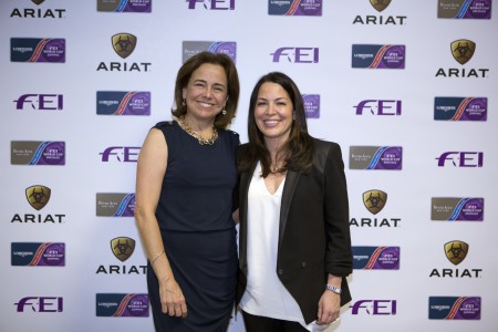  Ariat International, the US-based leader in Western and English footwear and apparel, today signed an exclusive licensing and sponsorship agreement with the International Equestrian Federation (FEI) at the FEI World Cup™ Finals in Las Vegas – pictured left is Beth Cross, founder and CEO of Ariat International and right is Lisa Lazarus, Chief of Business Development & Strategy at the FEI. (FEI/Dirk Caremans)