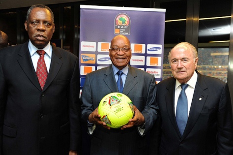 Confederation of African Football (CAF) President Issa Hayatou with FIFA President Sepp Blatter award President Jacob Zuma with the official ball of the Orange Africa Cup of Nations (AFCON) final match between Burkina Faso and Nigeria. (GCIS photo) photo credit: GovernmentZA https://creativecommons.org/licenses/by-nd/2.0/legalcode