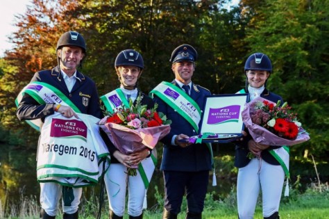  Germany scored its third win in FEI Nations Cup™ Eventing this season, this time at Waregem (BEL), from left to right: Andreas Dibowski, Annamaria Rieke, Andreas Ostholt and Julia Krajewski. (Hanna Broms/FEI)