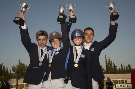  The newly-crowned Junior team gold medallists from Greece at the FEI Balkan Jumping Championships 2015 in Halkidiki, Sithonia, Greece last weekend. (L to R) Alexandros Kokkonis, Nikolina Makarona, Ioli Mytilineou and Konstantinos Papathanassiou. (FEI/Alexis Vassilopoulos)