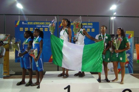 Nigeria's Women Beach Volleyball team during National anthem