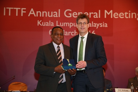 George Segun (left) with ITTF President, Thomas Weikert during the presentation of the award in Kuala Lumpur, Malaysia on Tuesday.